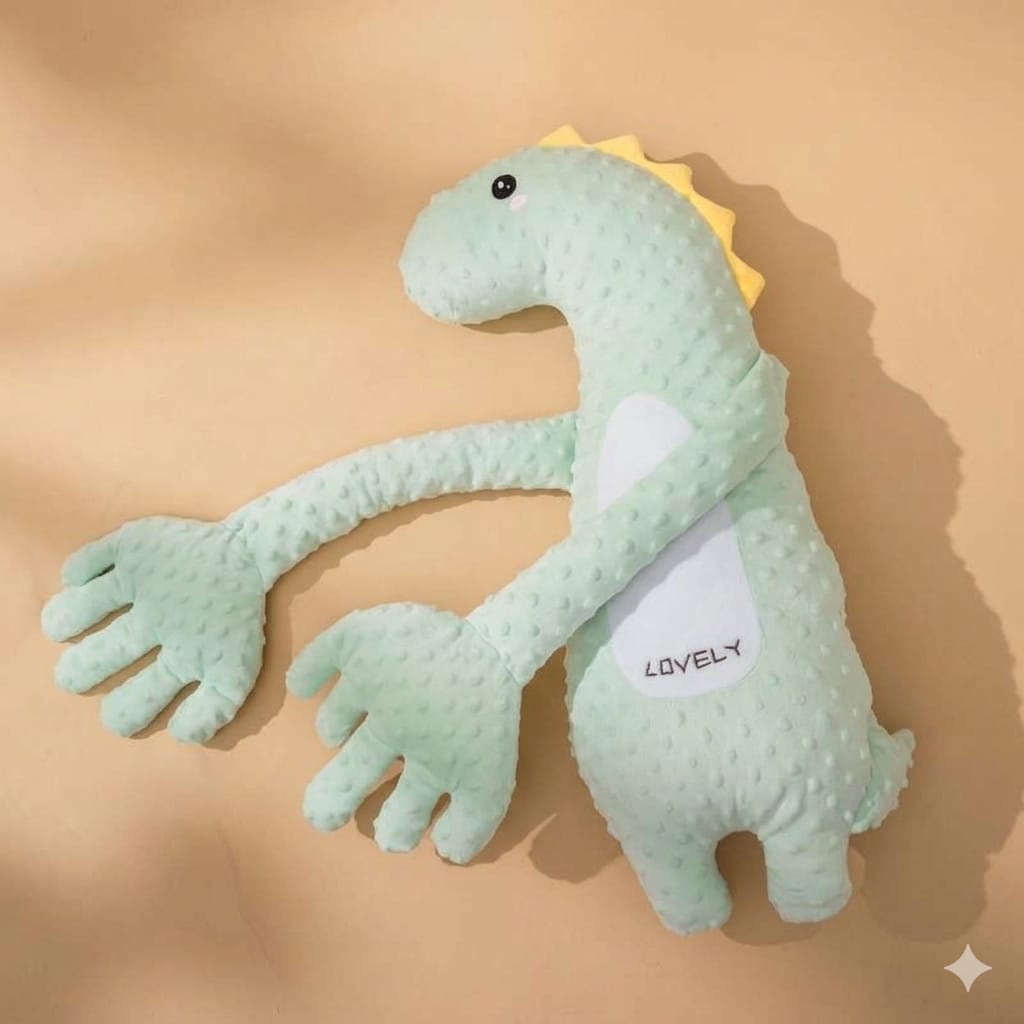 Baby Soothing Cuddle Pillow, Animal-Shape Plush Bolster with Padded Comfort Arm & Hand for Supervised Awake Time — Green Dinosaur