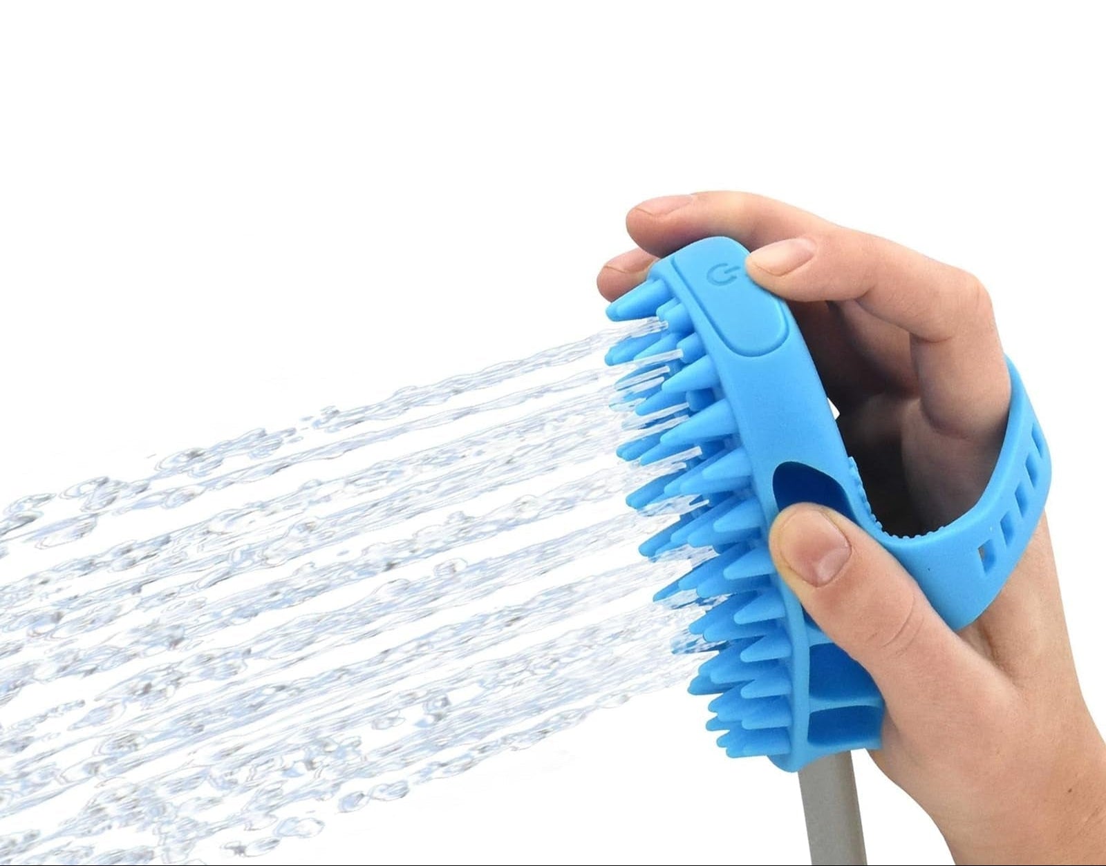 Dog Bath Brush Sprayer, 2-in-1 Pet Shower Scrubber with Hose Attachment, Silicone Massage Hand-Strap Brush with Adjustable Water Flow — Blue