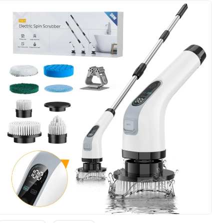 Household Electric Spin Scrubber, Portable Handheld Multifunctional Cleaning Brush — White / Grey