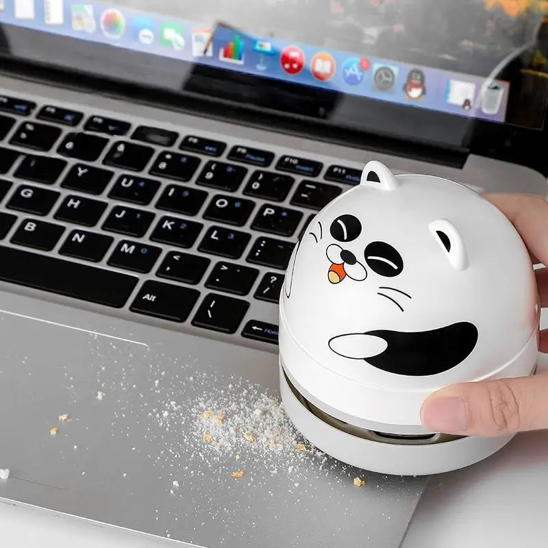 Cute Mini Desktop Vacuum Cleaner, USB Rechargeable Handheld Desk Sweeper for Crumbs, Pencil Shavings & Pet Hair — Panda / Cat / Hamster