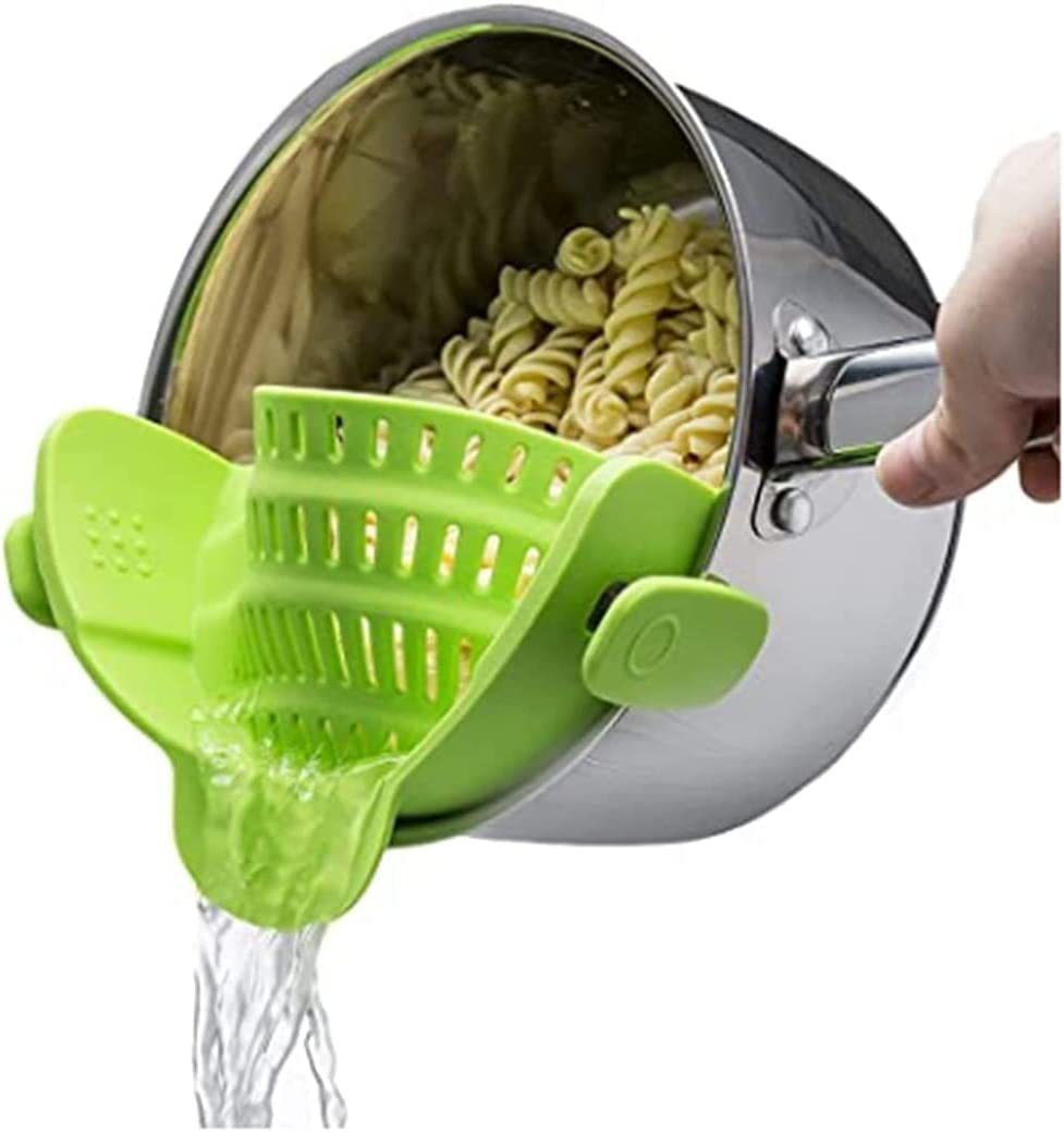 Clip-On Pot Strainer — Flexible Silicone Pan Rim Strainer with Stainless Steel Clips, Drain Pasta & Vegetables Straight From The Pot — 7 Colours