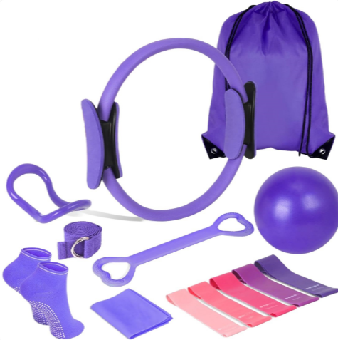 Yoga & Pilates Home Workout Set with Pilates Ring, Resistance Bands, Exercise Ball, Arm Stretcher, Hip Thrust Belt & Stretch Strap — Pink / Purple