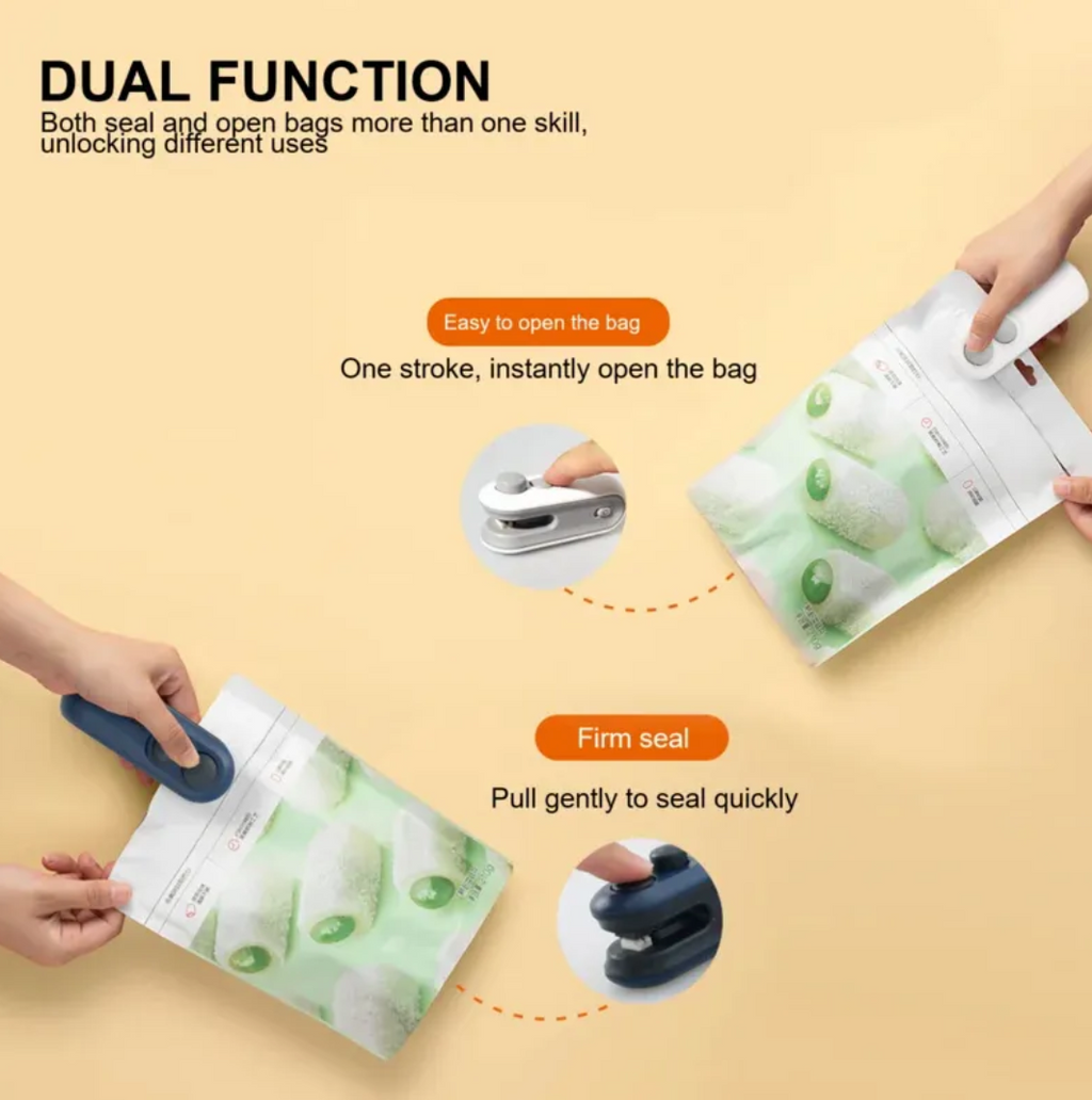 Portable USB Rechargeable Bag Sealer, Handheld Heat Sealer & Bag Cutter with Magnetic Back for Food Storage — White / Dark Blue