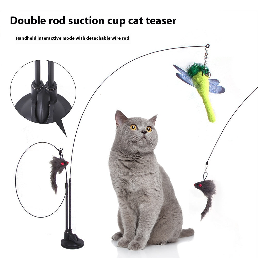Cat Teaser Toy with Suction Cup Base, Interactive Wand Toy with Butterfly, Squirrel & Caterpillar Attachments — Multiple Styles