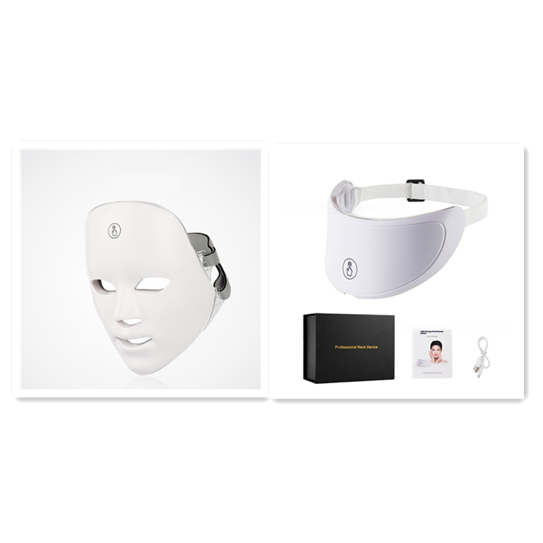 7-Colour LED Face Mask, Strap-On Photon Light Therapy Mask with Adjustable Head Strap — Mask Only, with Neck Band, or with Roller & Gua Sha