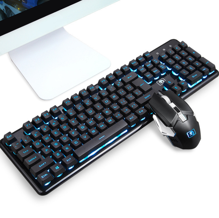 Wireless Gaming Keyboard & Mouse Set, Rechargeable Mechanical-Feel Keyboard with Ice-Blue Backlight & 2400DPI Mouse, Waterproof — Black / White