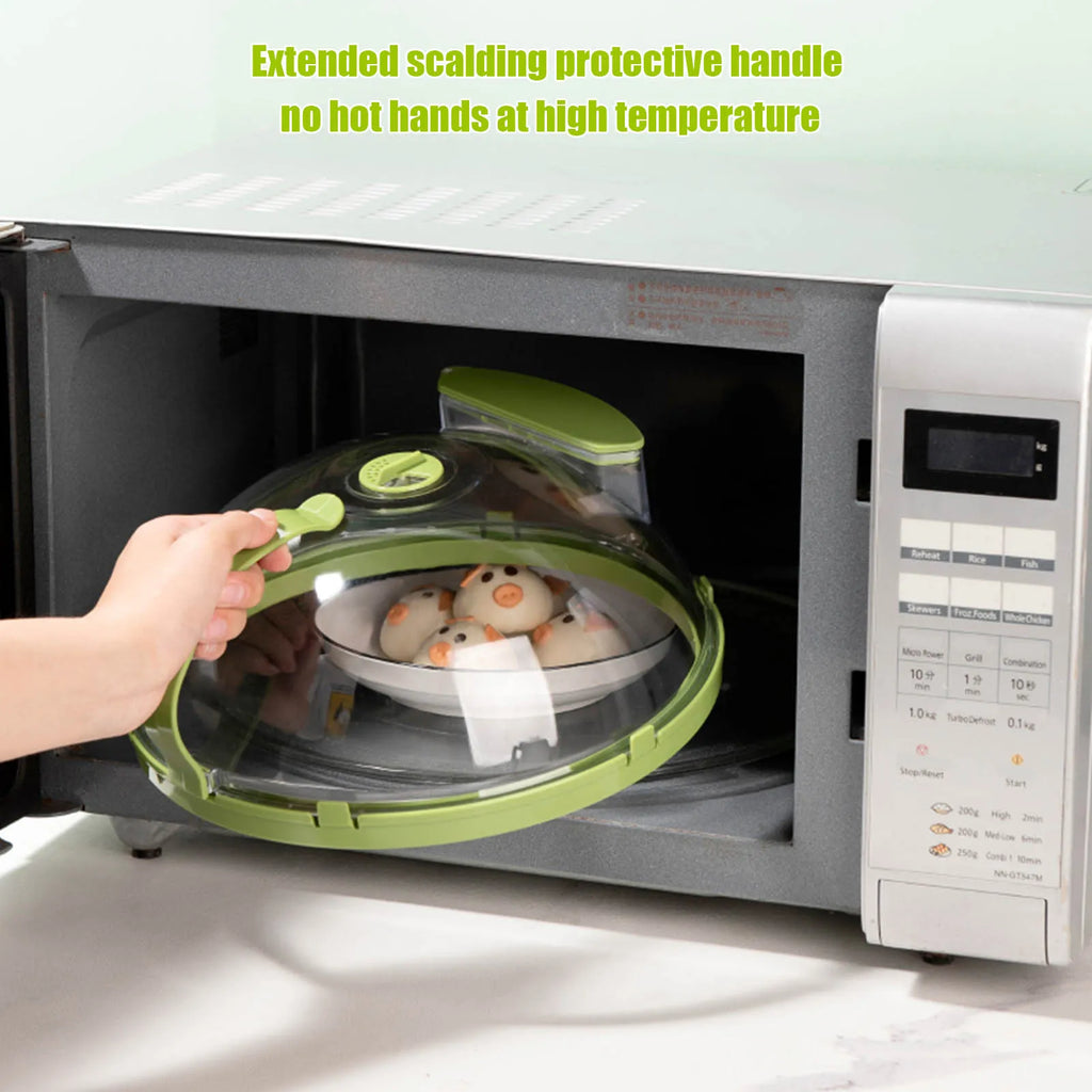 Microwave Food Heating Cover with Water Reservoir - Clear Splashproof Microwave Lid with Green Rim, Adjustable Steam Vent & Ergonomic Handle