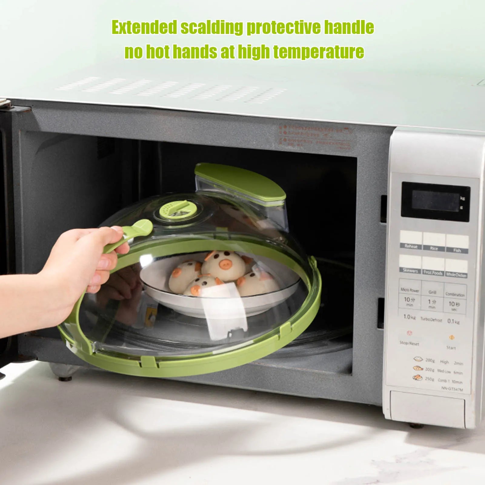 Microwave Food Heating Cover with Water Reservoir - Clear Splashproof Microwave Lid with Green Rim, Adjustable Steam Vent & Ergonomic Handle