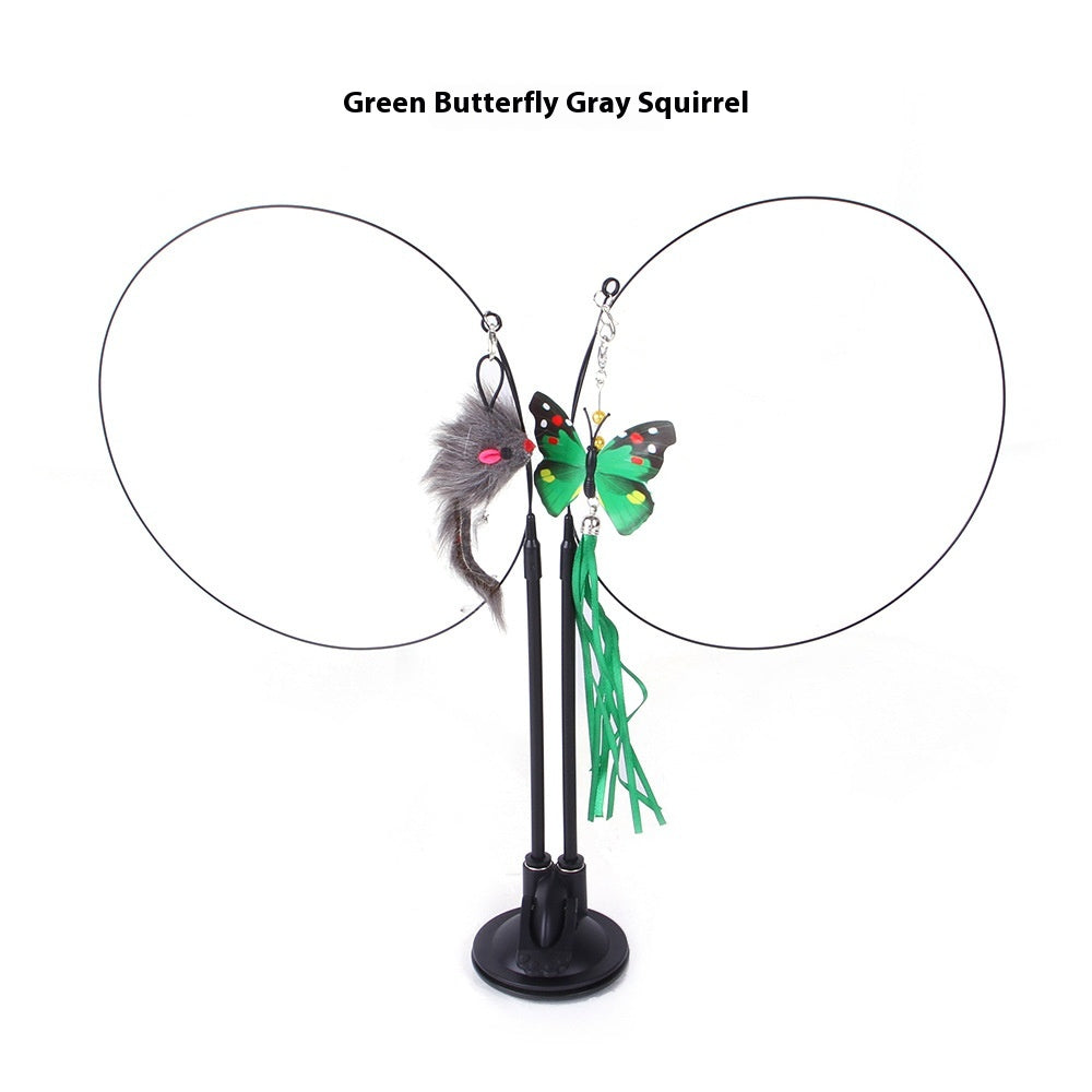 Cat Teaser Toy with Suction Cup Base, Interactive Wand Toy with Butterfly, Squirrel & Caterpillar Attachments — Multiple Styles