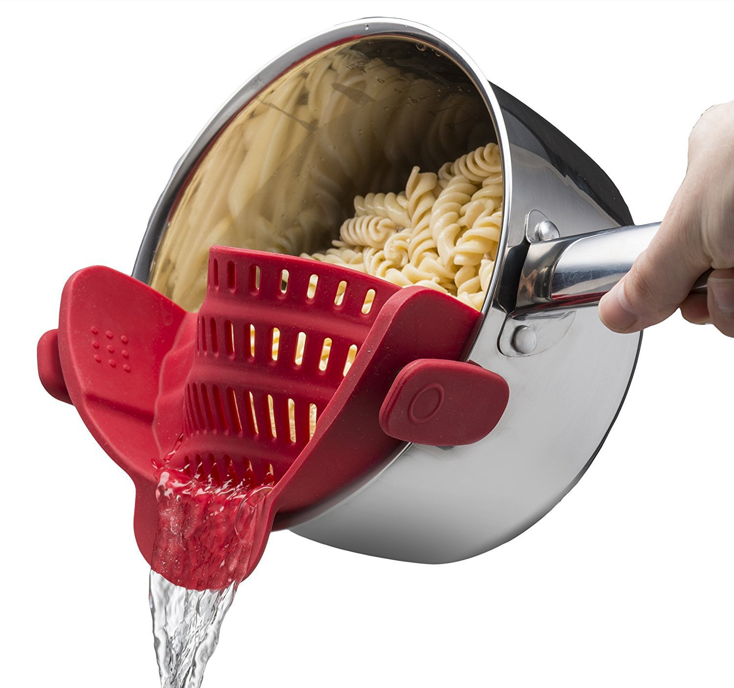 Clip-On Pot Strainer — Flexible Silicone Pan Rim Strainer with Stainless Steel Clips, Drain Pasta & Vegetables Straight From The Pot — 7 Colours