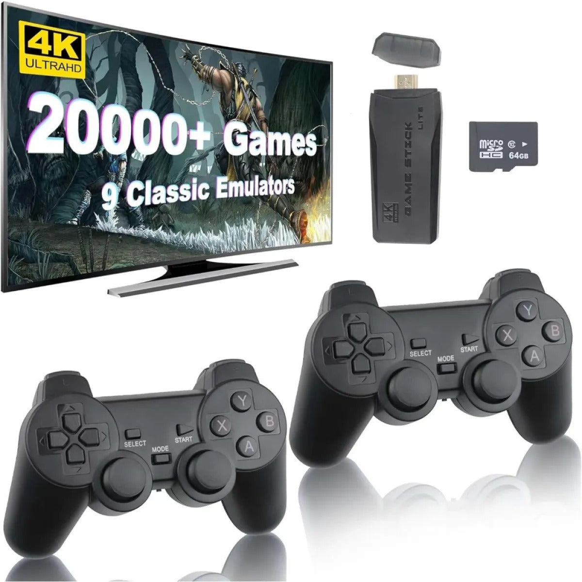 Mini Retro Game Stick Console, 20000+ Built-In Classic Games with 9 Emulators, HDMI Output & 64G Card, 2 Wireless Controllers