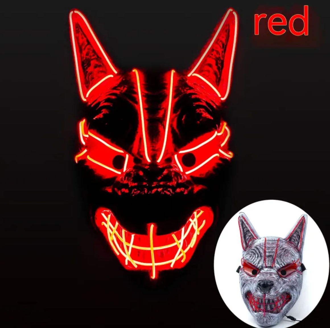 LED Full Face Luminous Halloween Mask, Light-Up Glowing Mask for Cosplay & Rave — Single Colour per Mask, 10 Colourways