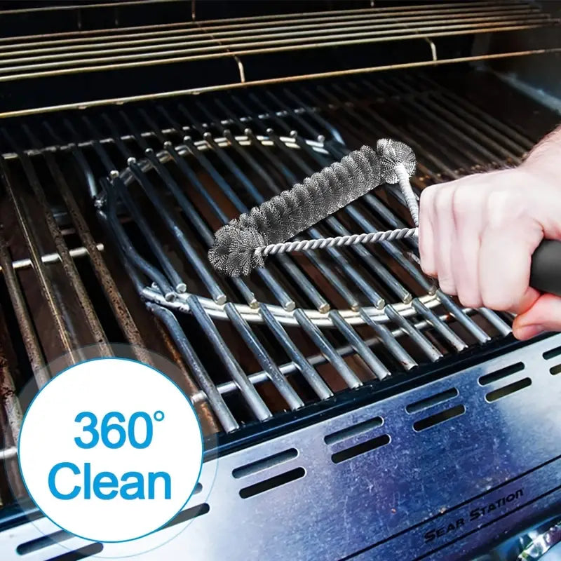 Long-Handled Y-Shaped Grill Cleaning Brush for BBQ, Stainless Steel & Galvanized Twisted Wire Bristles — Black