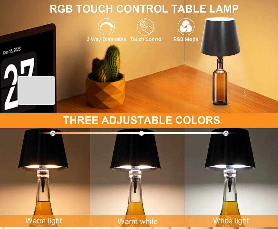 LED Bottle Lamp Rechargeable Dimmable Table Lamp, Wireless Wine Bottle Light Kit with Touch Dimming & 3 Color Modes — Black / White