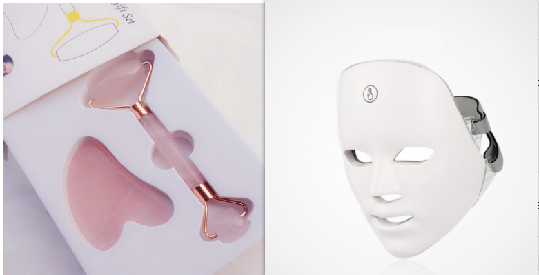 7-Colour LED Face Mask, Strap-On Photon Light Therapy Mask with Adjustable Head Strap — Mask Only, with Neck Band, or with Roller & Gua Sha