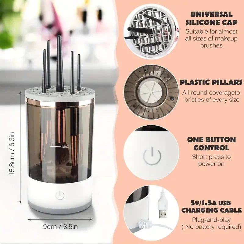 Electric Makeup Brush Cleaning Cup, Countertop Washer with Universal Silicone Cap — Cleans Several Brushes at Once, USB Plug-and-Play — Grey / White
