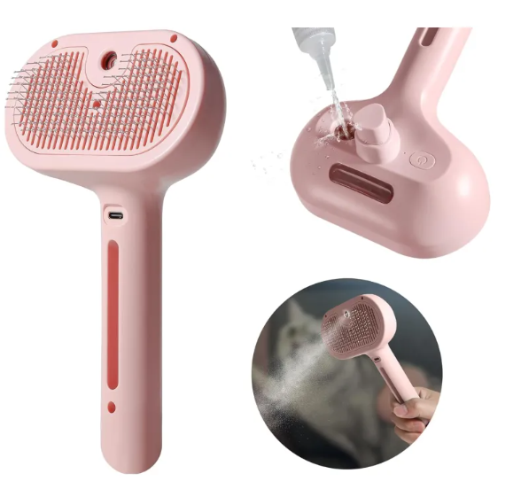 Pet Hair Spray Brush, 2-in-1 Grooming Brush with Built-In Water Tank for Cats & Dogs, Deshedding Spray Brush for Loose Fur & Coat Care — White / Pink