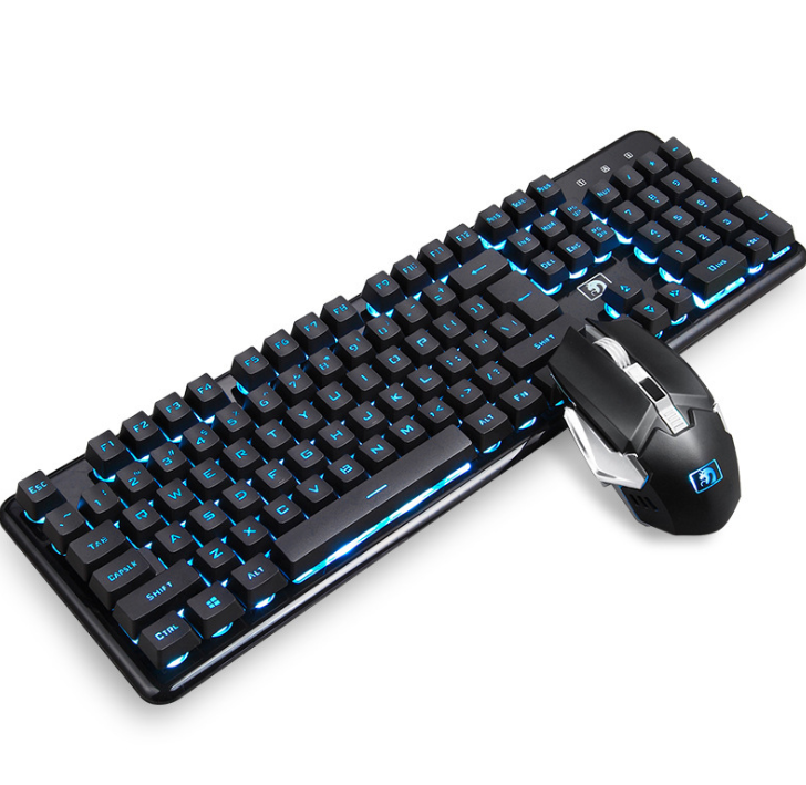Wireless Gaming Keyboard & Mouse Set, Rechargeable Mechanical-Feel Keyboard with Ice-Blue Backlight & 2400DPI Mouse, Waterproof — Black / White