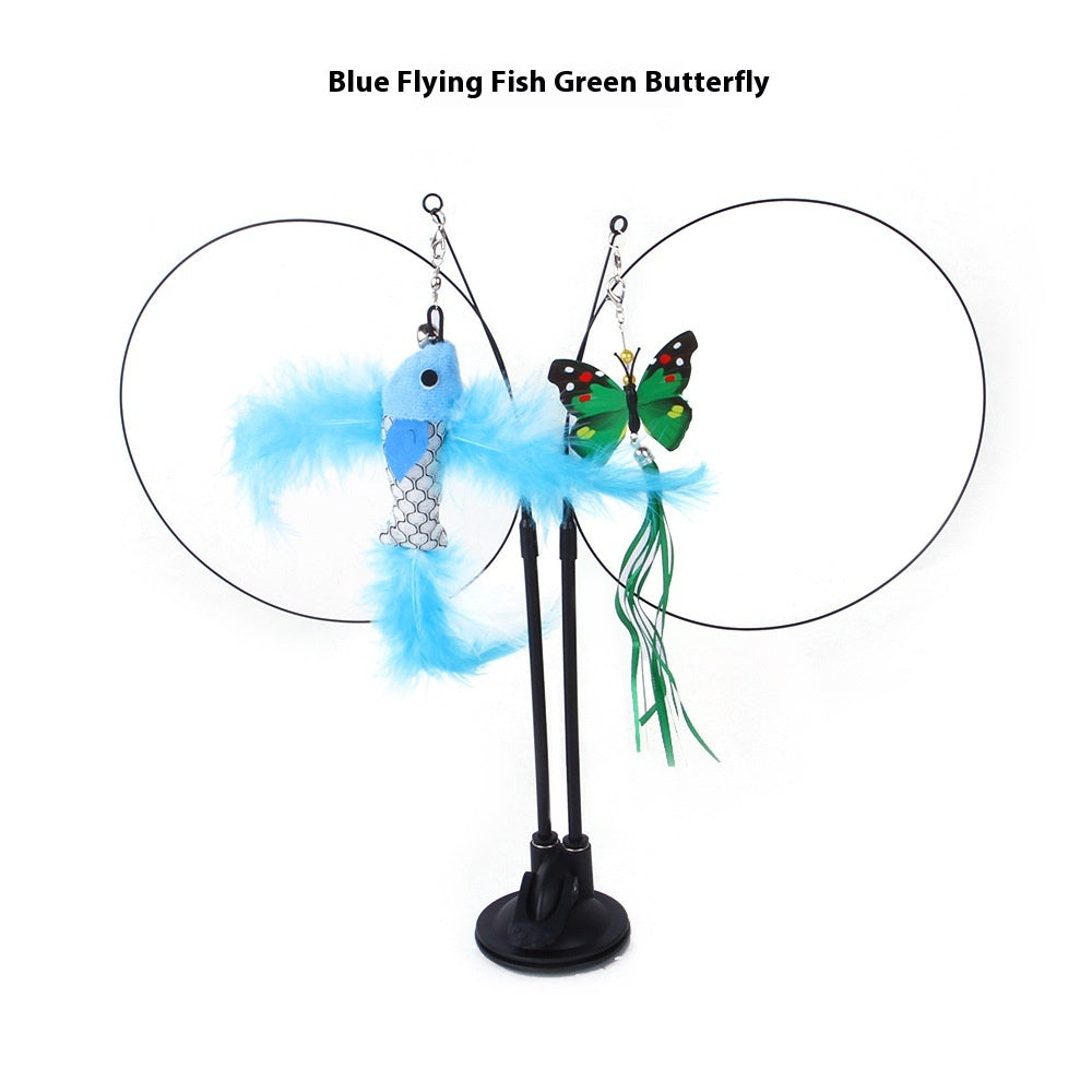 Cat Teaser Toy with Suction Cup Base, Interactive Wand Toy with Butterfly, Squirrel & Caterpillar Attachments — Multiple Styles