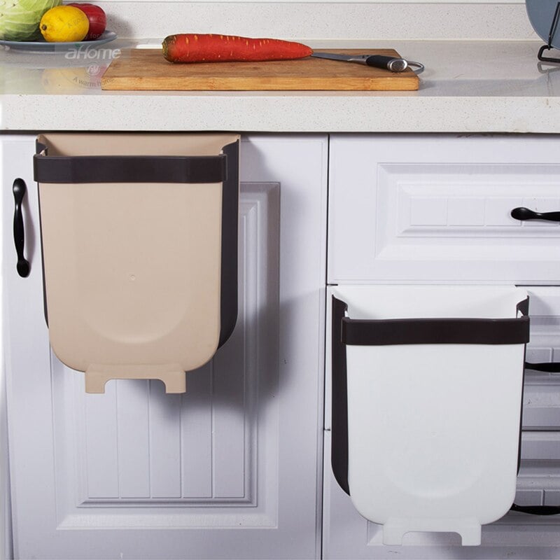 Foldable Wall-Mounted Trash Can, 9L Collapsible Hanging Waste Bin for Kitchen Cabinet Door — Coffee / White