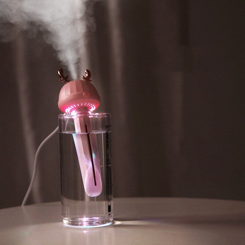 Mini USB Bottle-Cap Humidifier, Cute Rabbit-Ear / Deer-Antler Mist Head with Drop-In Tube for Your Own Bottle or Glass — Fawn / Bunny, White / Pink