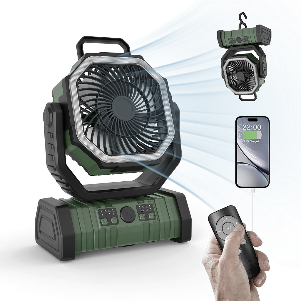 Outdoor Camping Fan Power Bank with LED Light, 3-in-1 Portable Rechargeable Fan with 10000/20000mAh Power Bank & Oscillating Airflow — F6 / F8