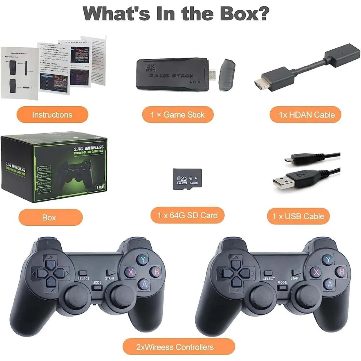 Mini Retro Game Stick Console, 20000+ Built-In Classic Games with 9 Emulators, HDMI Output & 64G Card, 2 Wireless Controllers
