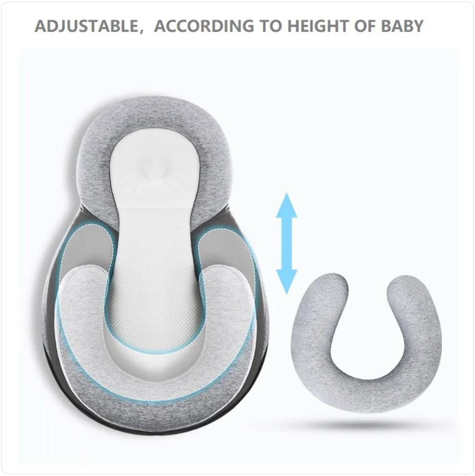 Baby Anti-Spit Up Pillow, 15° Incline Memory Foam Newborn Positioner Nest 60 x 40 x 17 cm — Light Grey, With/Without Safety Strap