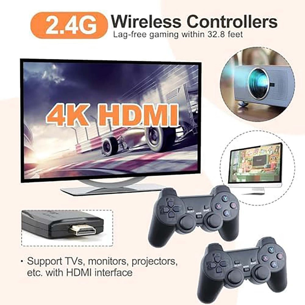 Mini Retro Game Stick Console, 20000+ Built-In Classic Games with 9 Emulators, HDMI Output & 64G Card, 2 Wireless Controllers