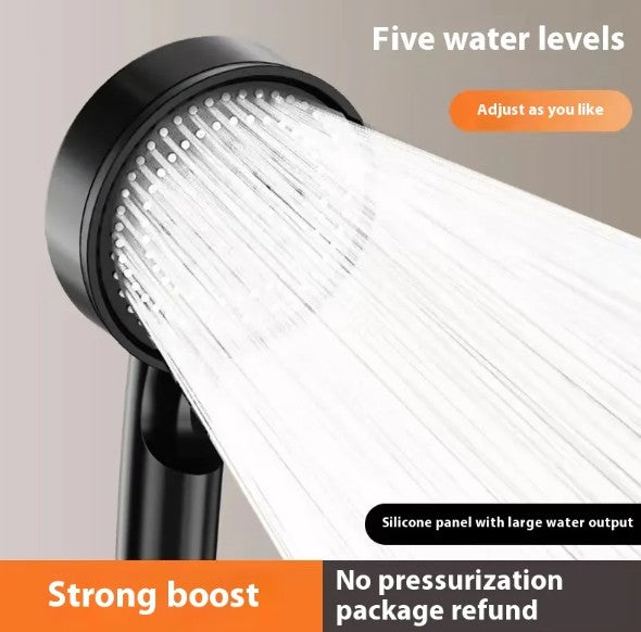 5-Speed High-Pressure Handheld Shower Head, 5 Spray Modes with Self-Cleaning Silicone Nozzles, Water-Saving Tool-Free Install — Black / White
