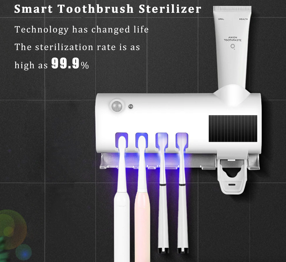UV Toothbrush Sterilizer Holder & Automatic Toothpaste Dispenser, Wall-Mounted 4-Slot Toothbrush Sanitizer with UV-C Light — White