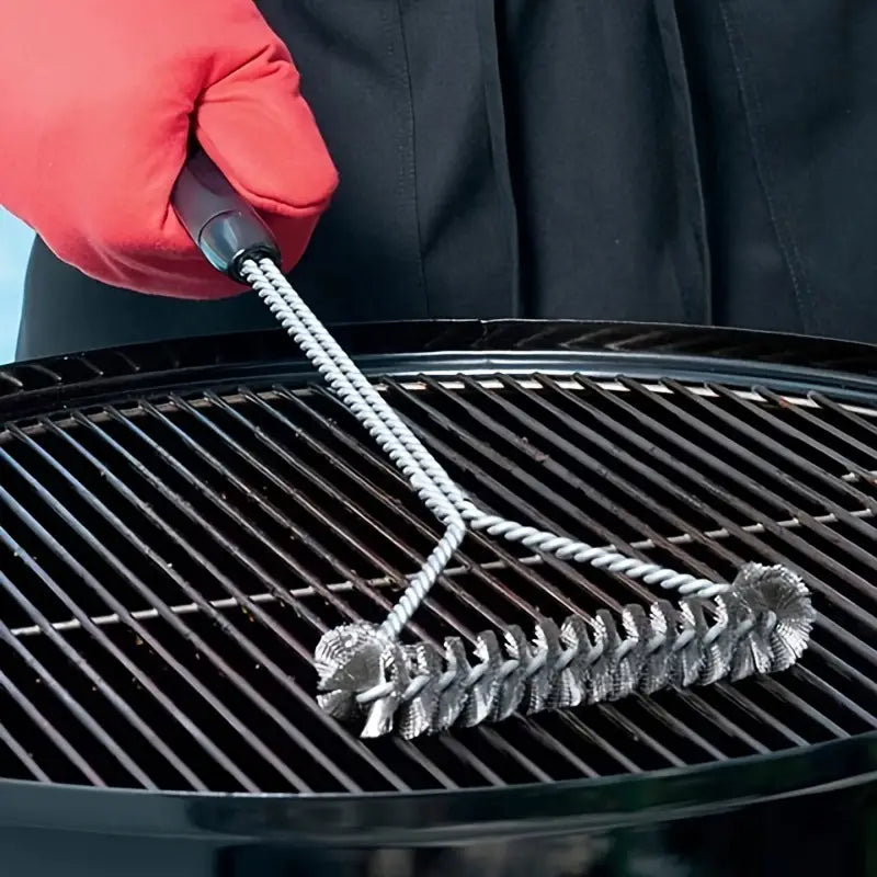 Long-Handled Y-Shaped Grill Cleaning Brush for BBQ, Stainless Steel & Galvanized Twisted Wire Bristles — Black