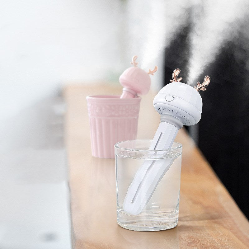 Mini USB Bottle-Cap Humidifier, Cute Rabbit-Ear / Deer-Antler Mist Head with Drop-In Tube for Your Own Bottle or Glass — Fawn / Bunny, White / Pink