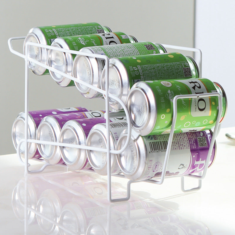 Two-Tier Soda Can Dispenser Rack, Rolling Drinks Can Organizer for Fridge, Cabinet & Pantry — Coated Iron Wire, 28x18x14cm