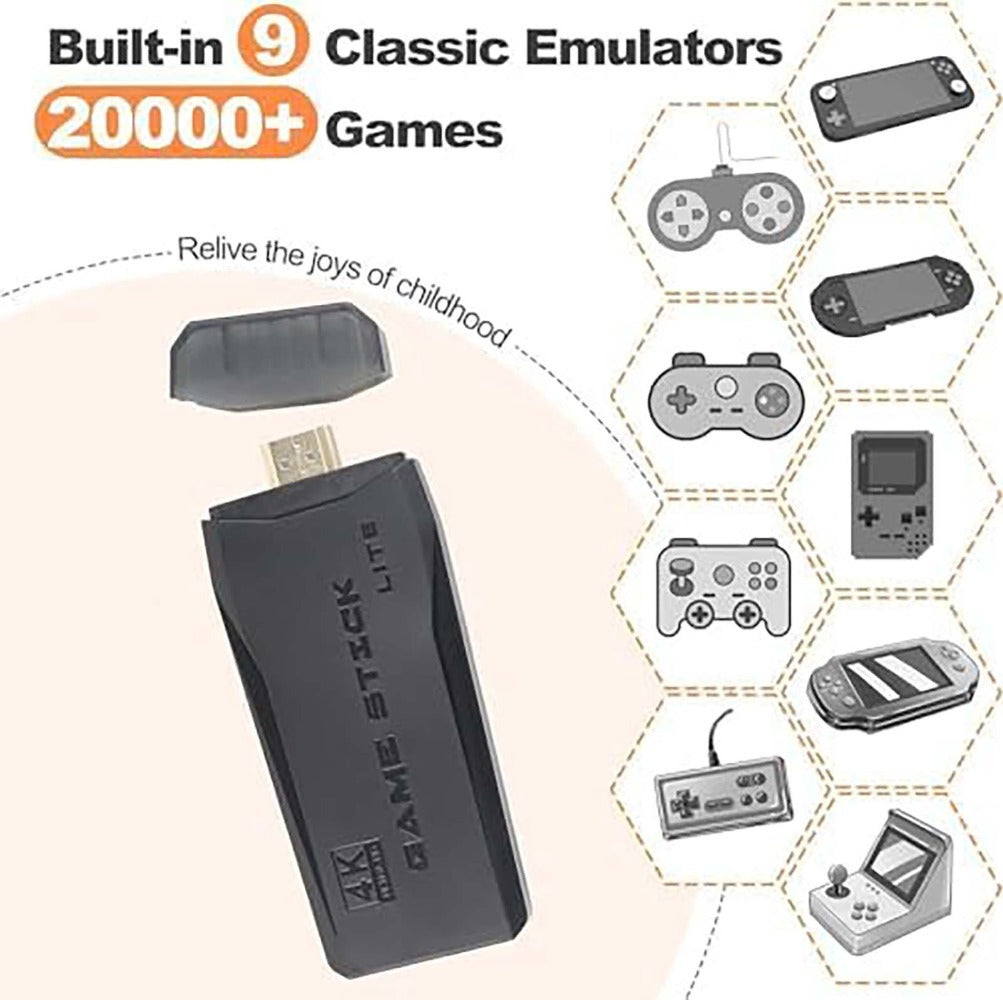 Mini Retro Game Stick Console, 20000+ Built-In Classic Games with 9 Emulators, HDMI Output & 64G Card, 2 Wireless Controllers