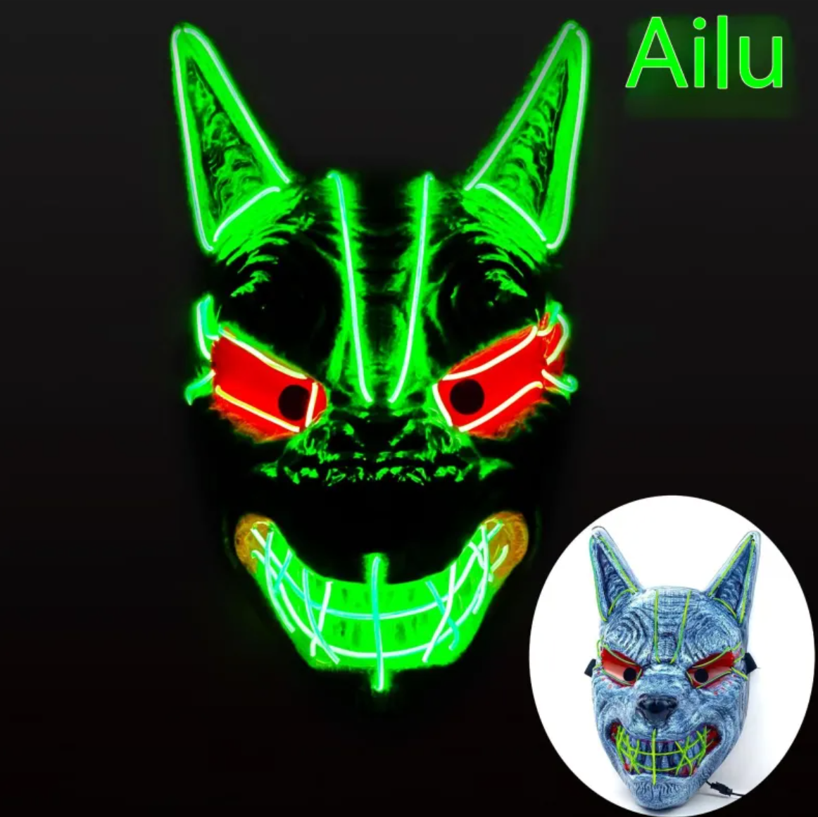 LED Full Face Luminous Halloween Mask, Light-Up Glowing Mask for Cosplay & Rave — Single Colour per Mask, 10 Colourways