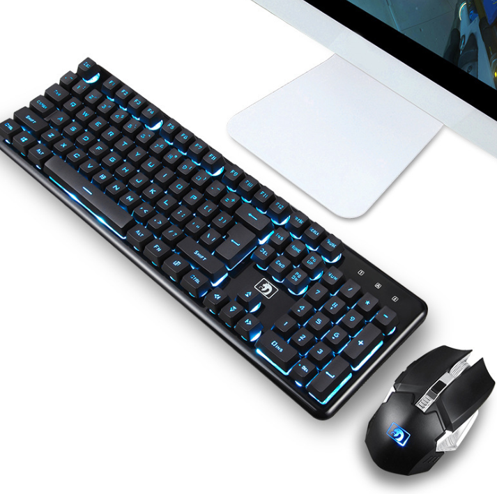 Wireless Gaming Keyboard & Mouse Set, Rechargeable Mechanical-Feel Keyboard with Ice-Blue Backlight & 2400DPI Mouse, Waterproof — Black / White