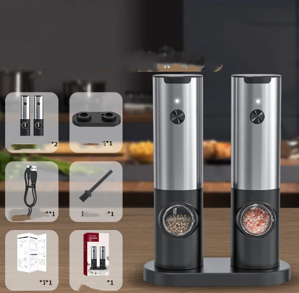 Electric Salt & Pepper Grinder, USB-C Rechargeable One-Touch Mill with Adjustable Coarseness & Base Light — Single or 2-Piece Set
