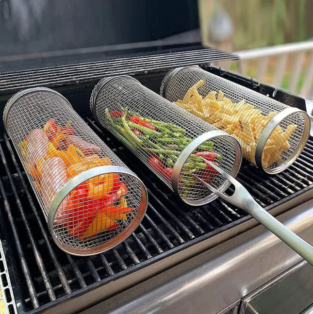 Rolling BBQ Grill Basket, Stainless Steel Mesh Cylinder Grilling Basket for Vegetables, Meatballs, Seafood & Small Foods — 20cm / 30cm, 1-6 Pack