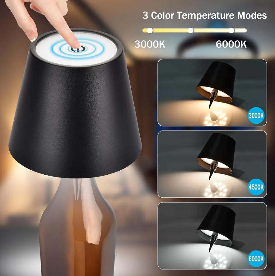 LED Bottle Lamp Rechargeable Dimmable Table Lamp, Wireless Wine Bottle Light Kit with Touch Dimming & 3 Color Modes — Black / White