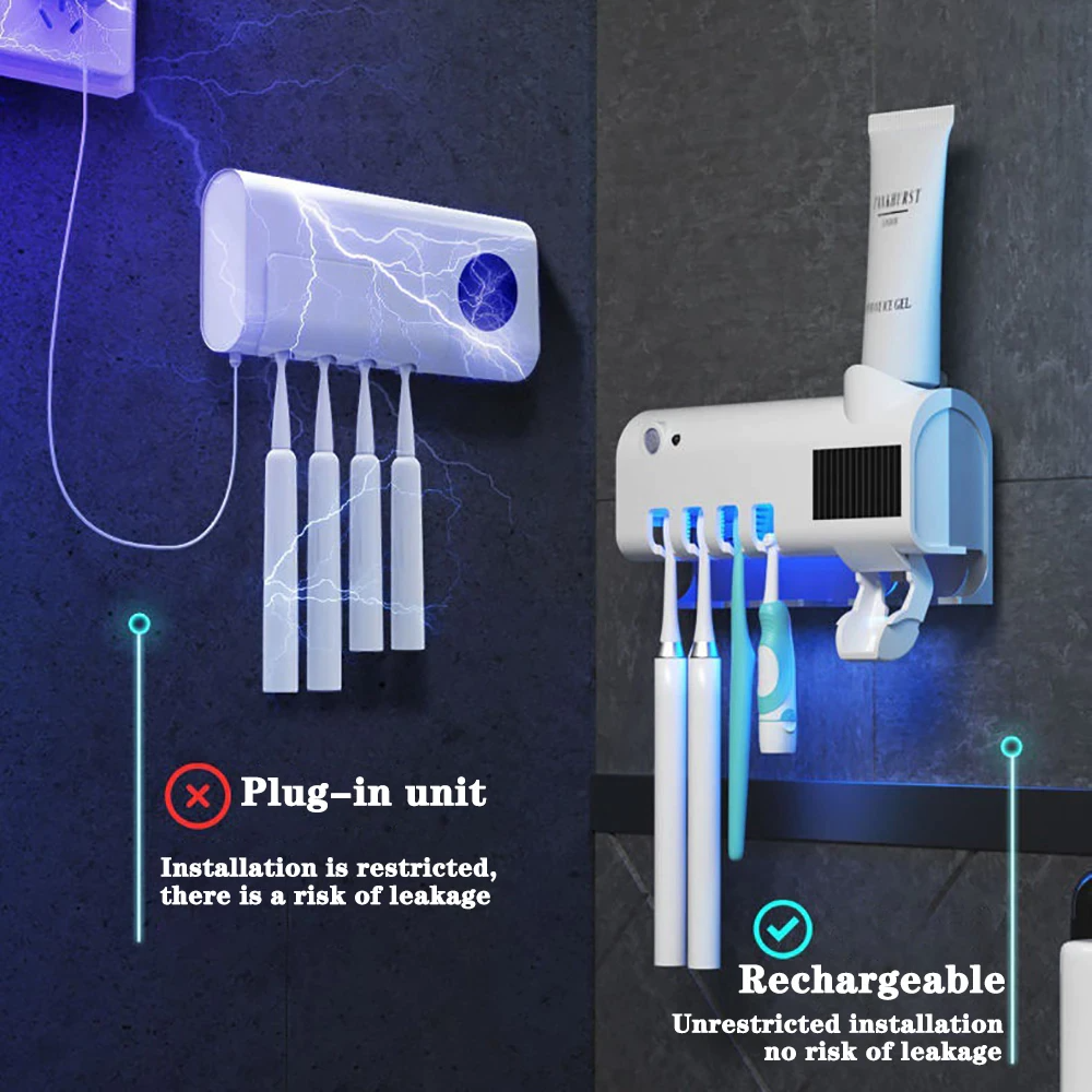 UV Toothbrush Sterilizer Holder & Automatic Toothpaste Dispenser, Wall-Mounted 4-Slot Toothbrush Sanitizer with UV-C Light — White