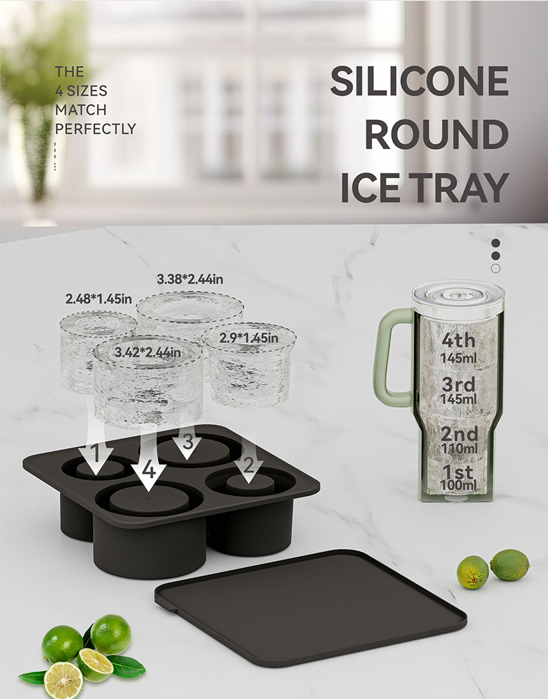 Cylindrical Ice Cube Mold for Tall Tumblers, 4-Grid Silicone Ice Cube Tray with Slow-Melt Cylinder Ice, Fits 30-40oz Tumblers, for Cocktails