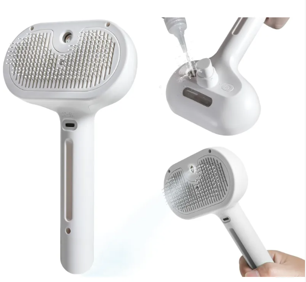 Pet Hair Spray Brush, 2-in-1 Grooming Brush with Built-In Water Tank for Cats & Dogs, Deshedding Spray Brush for Loose Fur & Coat Care — White / Pink