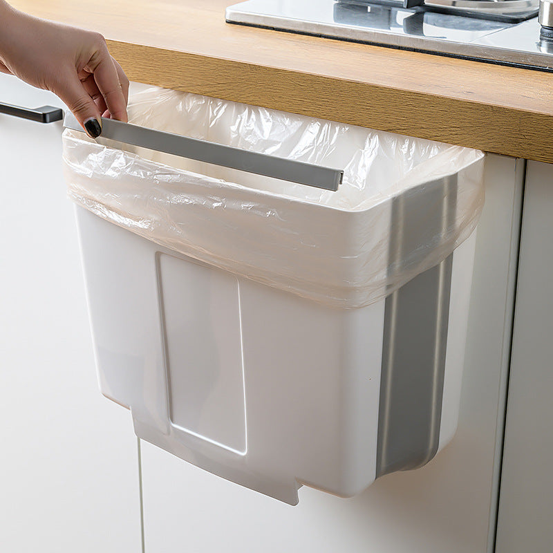 Foldable Kitchen Trash Bin for Cabinet Door, 2.4 Gallon Collapsible Hanging Waste Bin, Space-Saving PP & TPR Garbage Can for Kitchen, Car — Grey