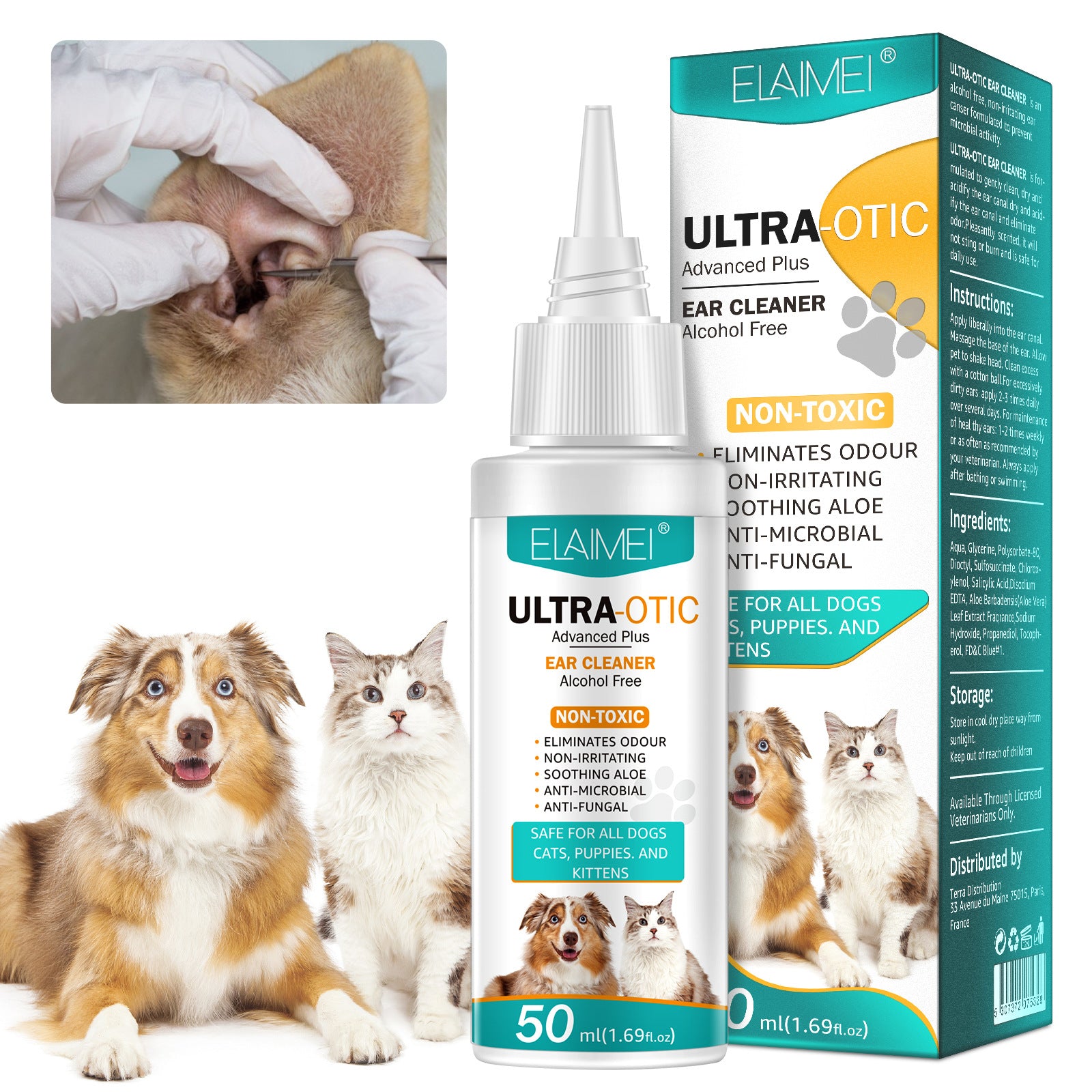 Pet Ear Cleaner 50ml, Gentle Ear Cleaning Solution for Dogs & Cats, Non-Irritating Ear Wash to Remove Dirt — ELAIMEI