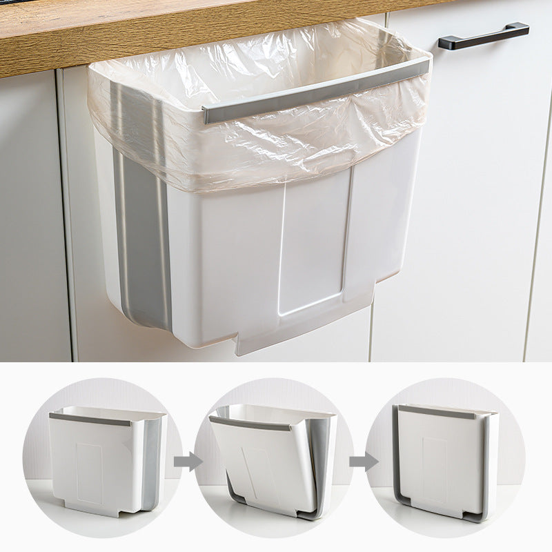 Foldable Kitchen Trash Bin for Cabinet Door, 2.4 Gallon Collapsible Hanging Waste Bin, Space-Saving PP & TPR Garbage Can for Kitchen, Car — Grey