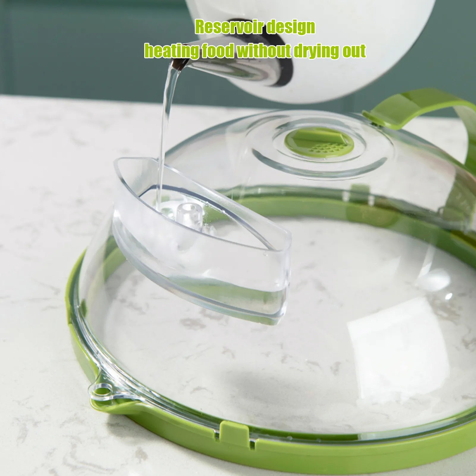 Microwave Food Heating Cover with Water Reservoir - Clear Splashproof Microwave Lid with Green Rim, Adjustable Steam Vent & Ergonomic Handle