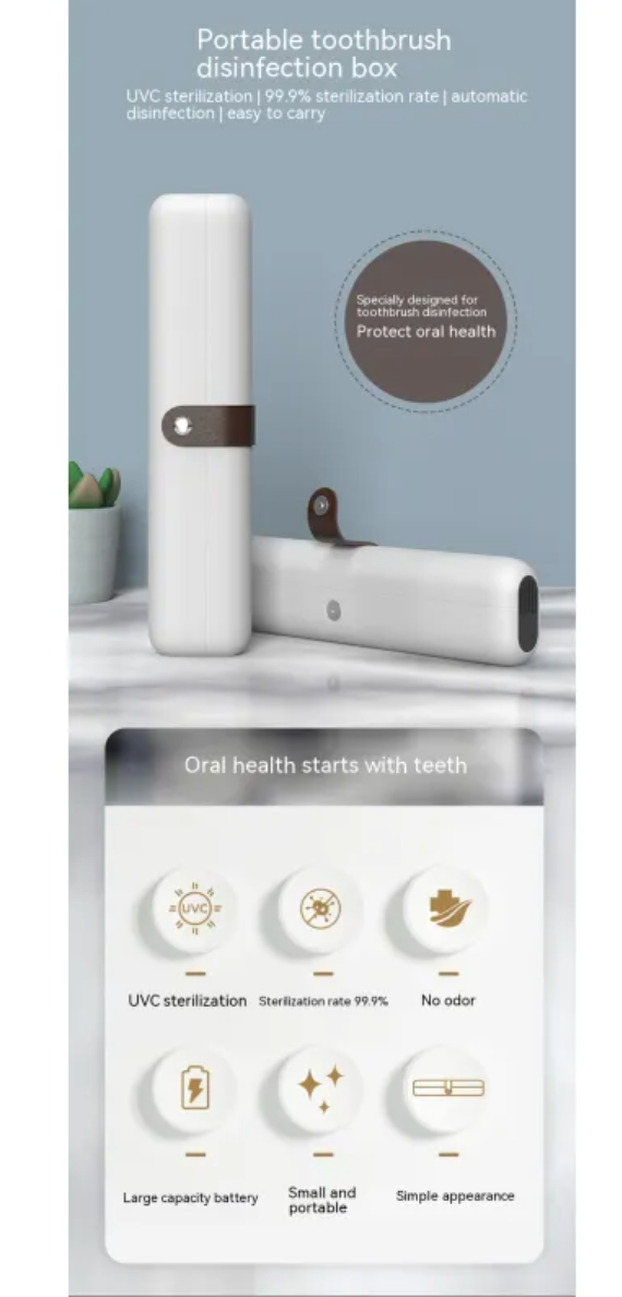 Portable Toothbrush Sterilizer Box, UV-C Surround Sanitising Case, USB Powered & Travel-Friendly — White