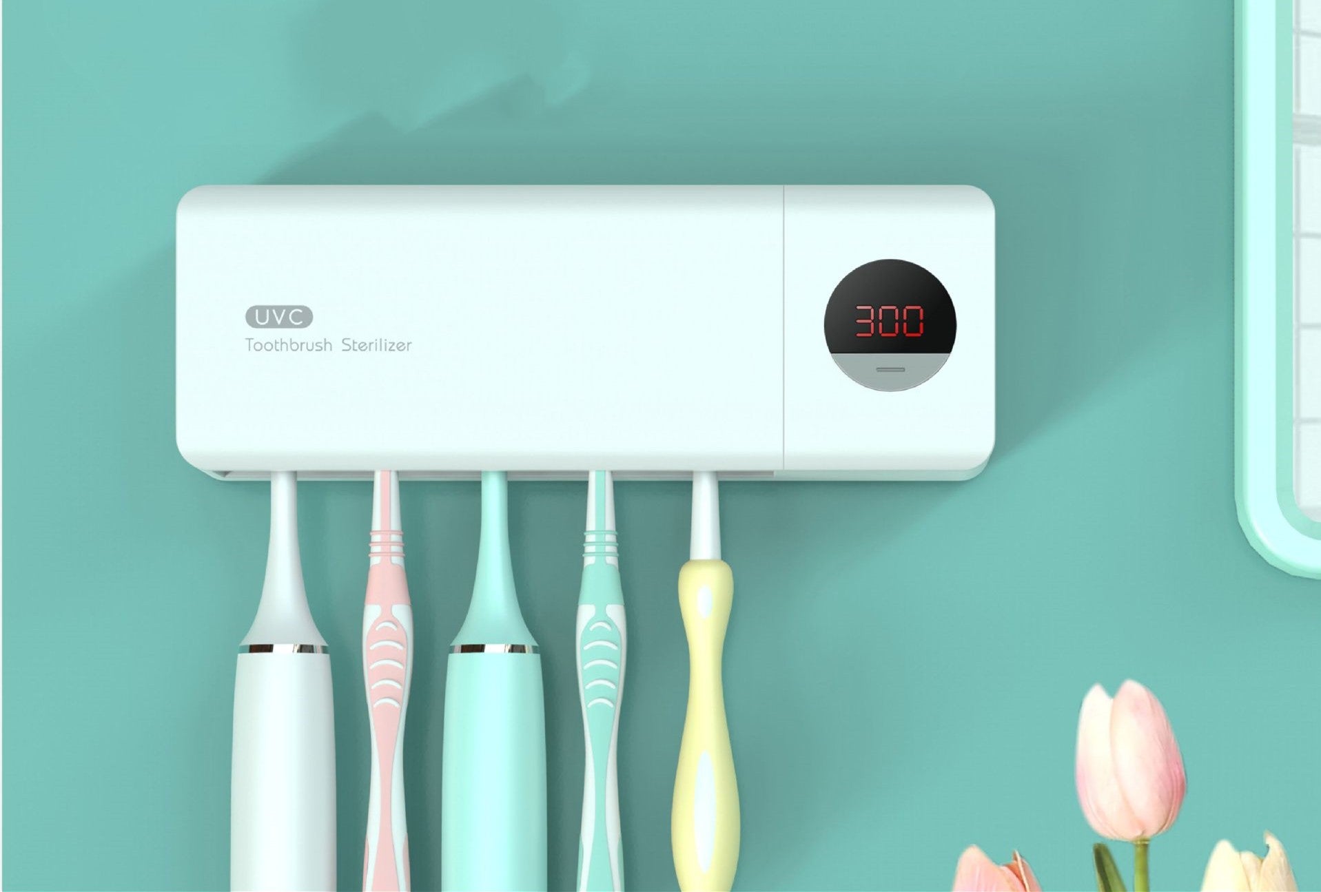 UV Toothbrush Sterilizer Rack, Wall-Mounted Toothbrush Holder with UV Sterilization & USB Charging — White / Pink / Green
