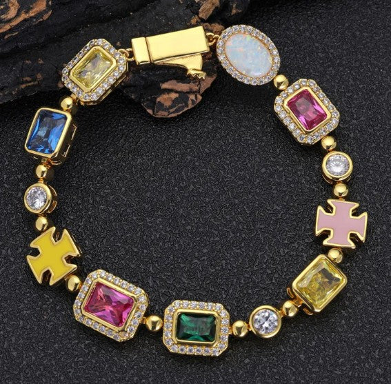 Hip-Hop Gemstone Statement Chain Necklace & Bracelet, Colorful Cubic Zirconia Iced-Out Chain in Gold or Silver-Tone Finish — Multiple Lengths